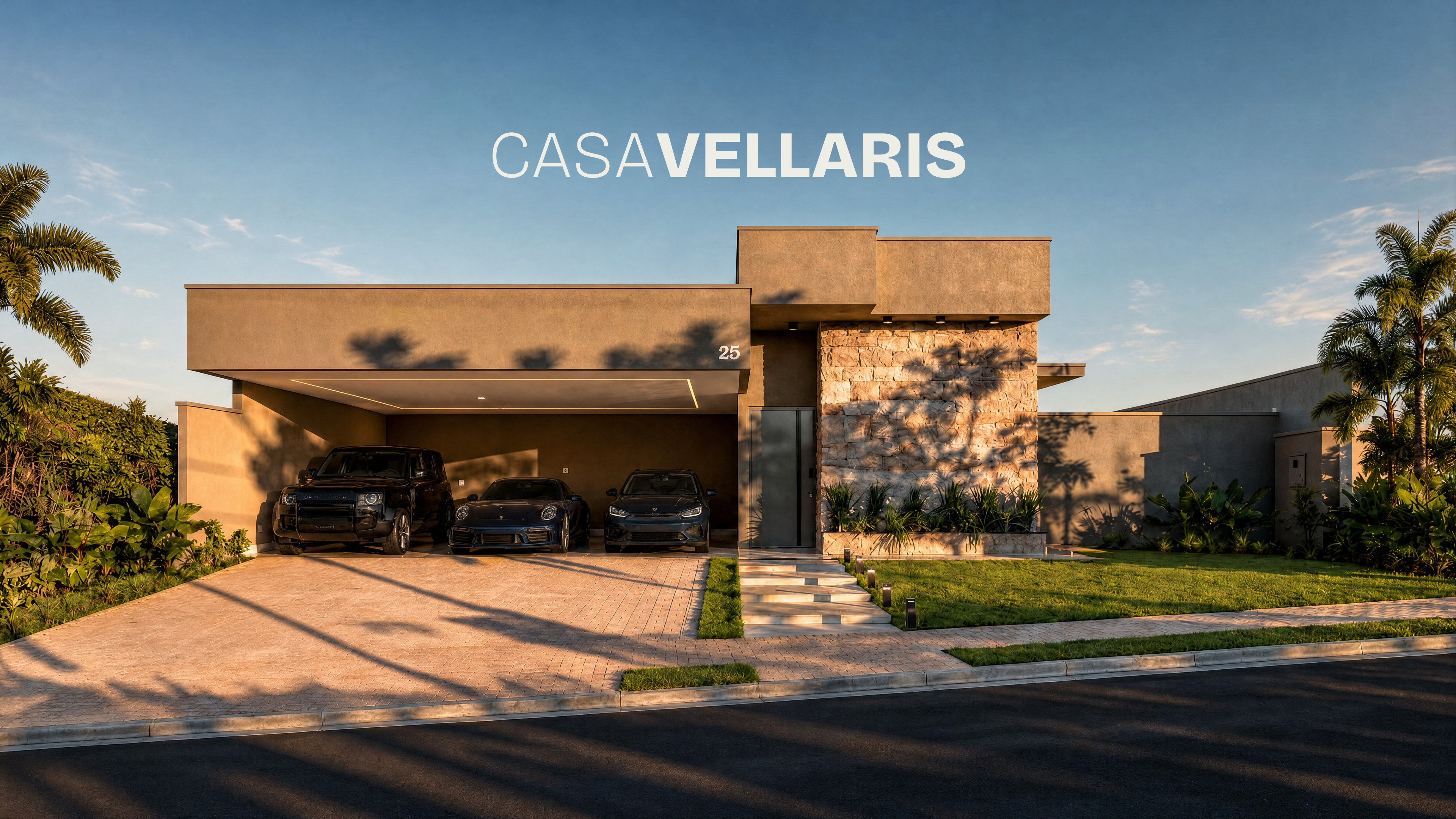 Fachada da Casa Vellaris ao entardecer